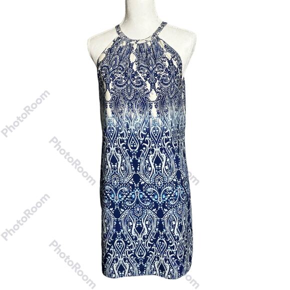 Tahari Arthur S Levine Dress Womens  Blue Shift SZ 6 Jewel Neckline Paisley - Picture 1 of 10